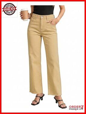 High Waisted Straight Leg Stretchy Frayed Raw Hem Loose Denim Jeans